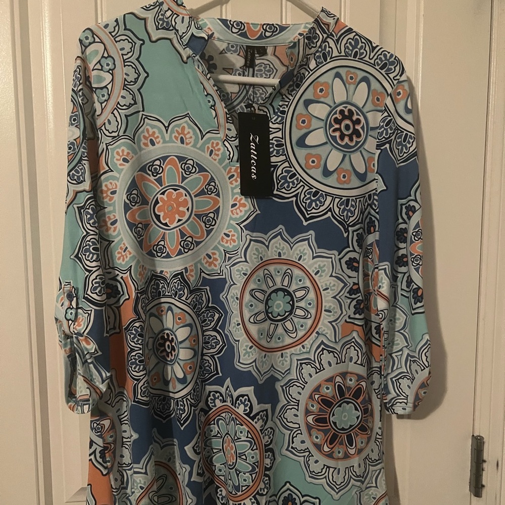 Zattcas Tunic Roll Tab Sleeves Colorful Bright Long V Neck Stretchy